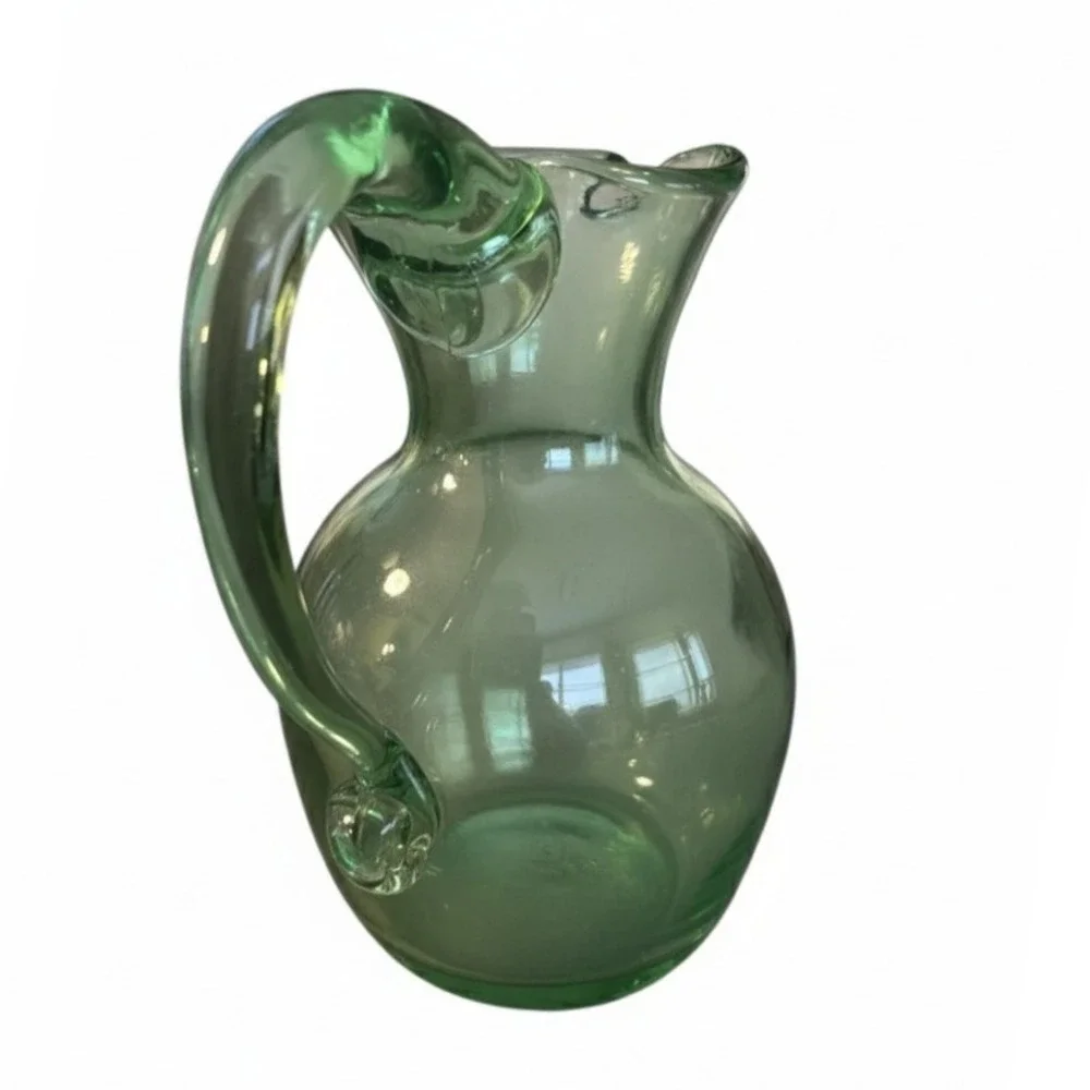 Hand Blown Green Glass‎ Pitcher Small Water Juice Vase Decor